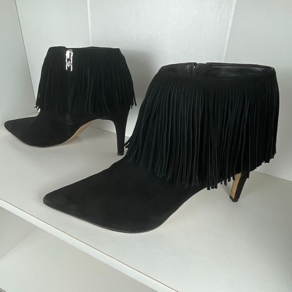 Sam Edelman Suede Fringe Trim Ankle Boots 8.5 Black